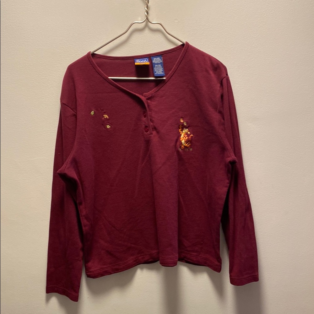 Disney Pooh Tigger Burgundy Red Long Sleeve Waffle Knit Thermal Tee Embroidered